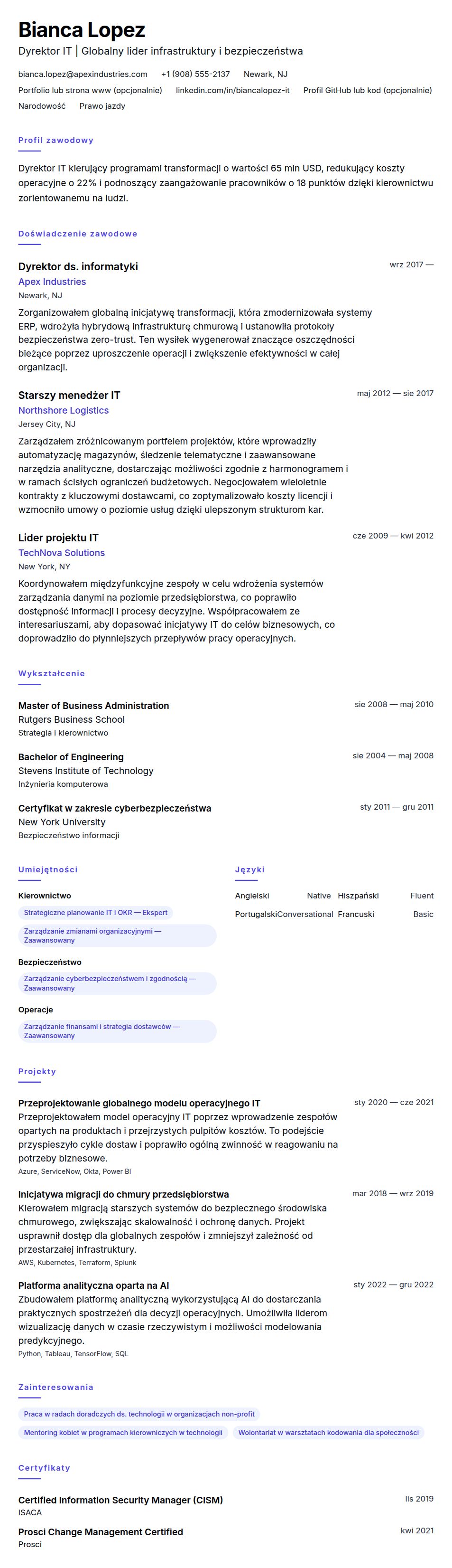 Podgląd CV Przykładowy życiorys Dyrektora IT