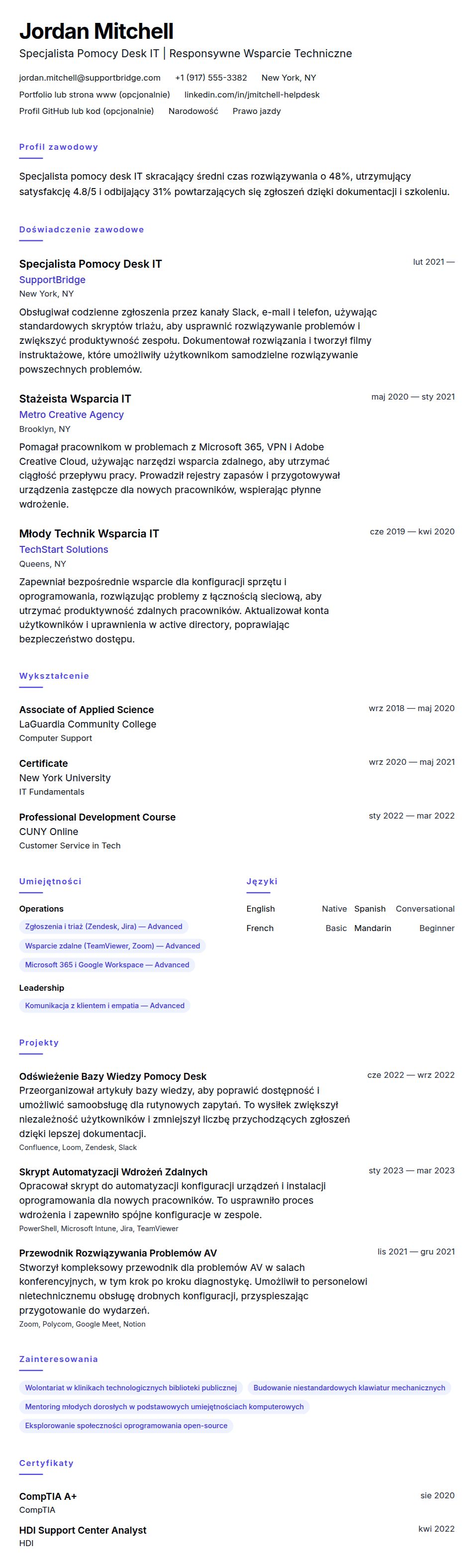 Podgląd CV Przykładowe CV dla Pomocy Desk IT