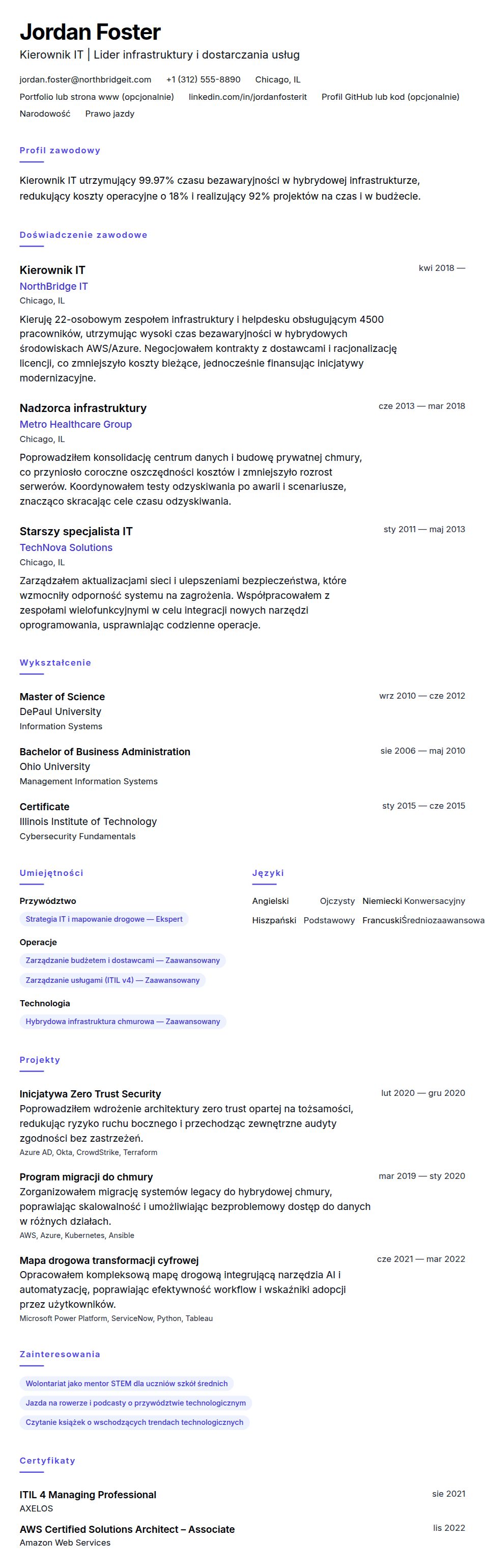 Podgląd CV Przykładowe CV Kierownika IT