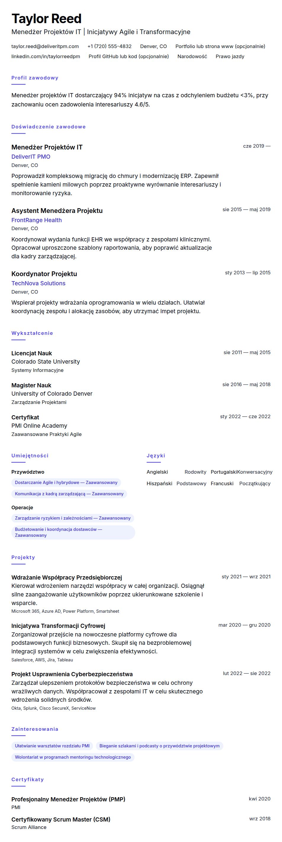 Podgląd CV Przykładowe CV Menedżera Projektów IT
