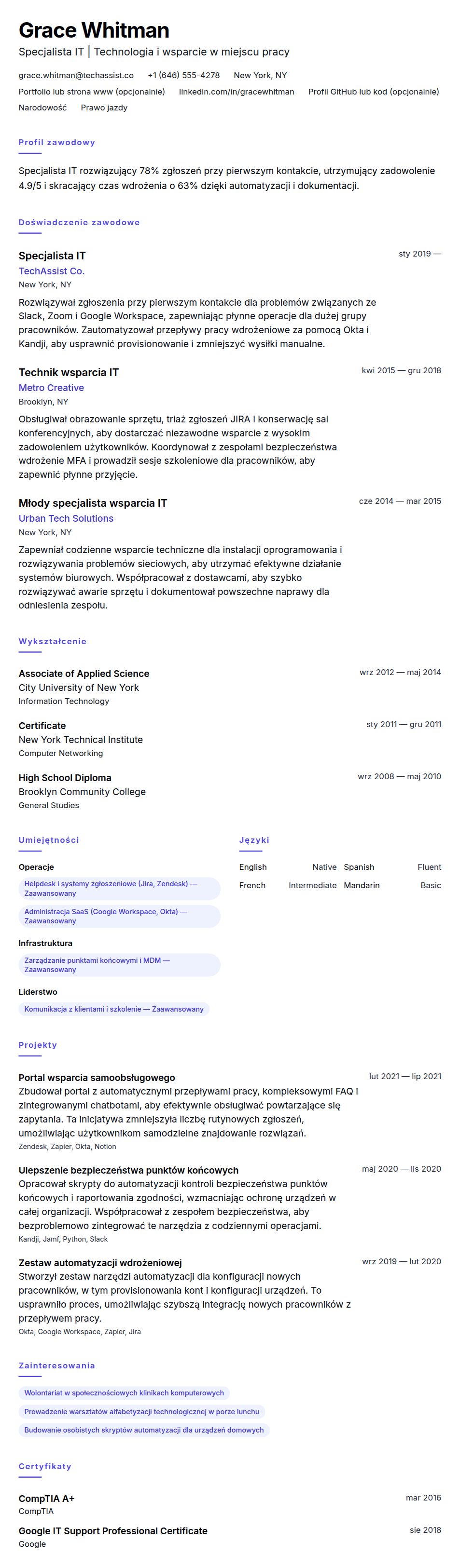 Podgląd CV Przykładowe CV specjalisty IT