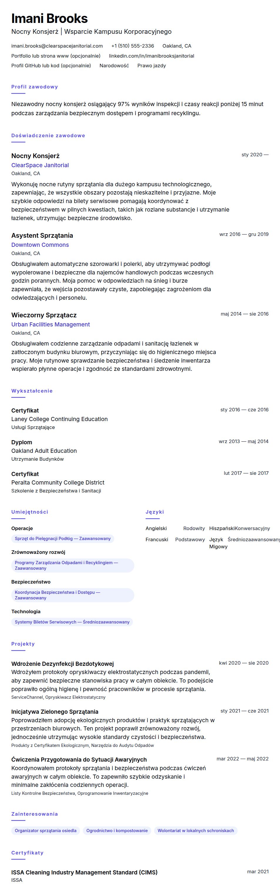 Podgląd CV Przykładowe CV Konsjerża
