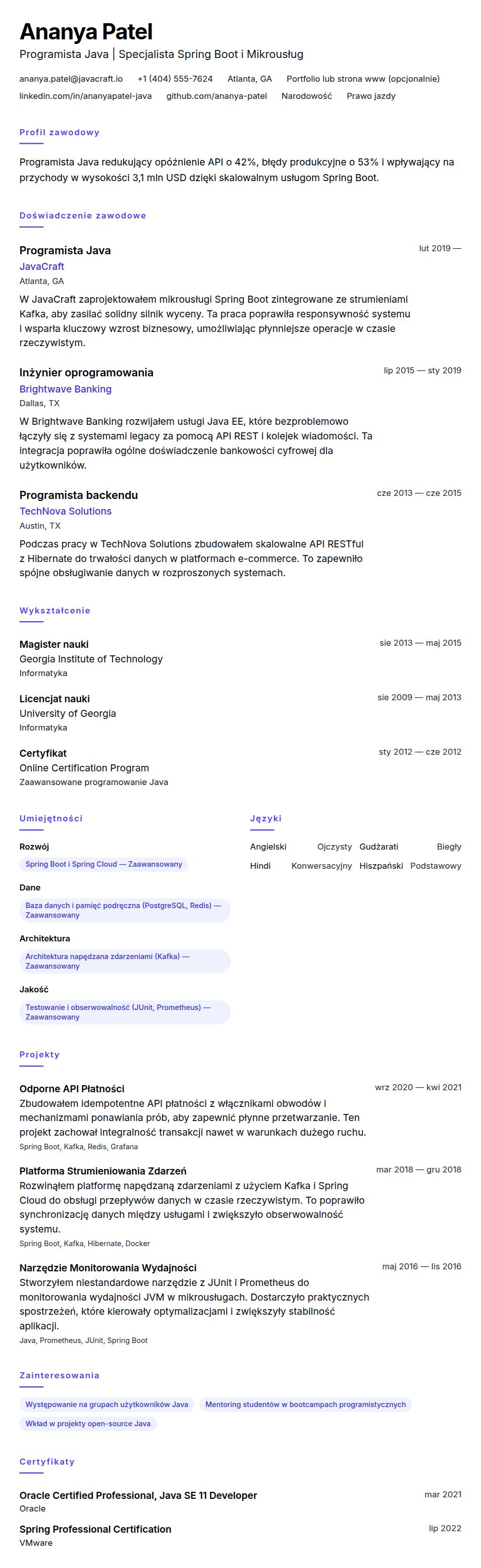 Podgląd CV Przykładowe CV Programisty Java