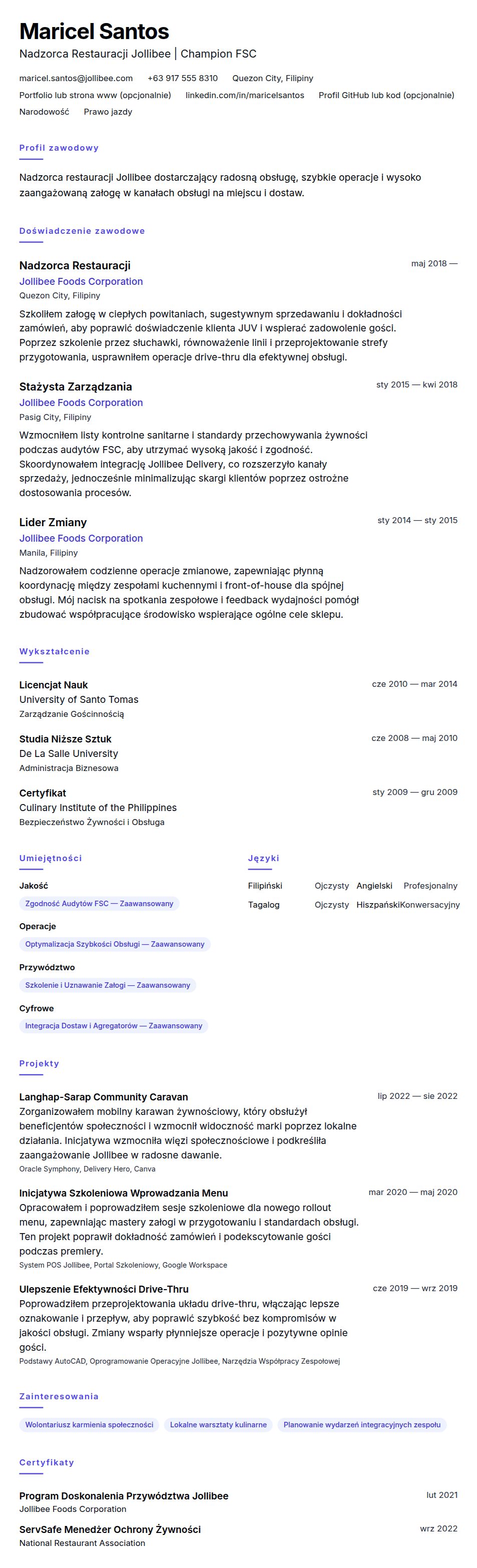 Podgląd CV Przykładowe CV Nadzorcę Restauracji Jollibee
