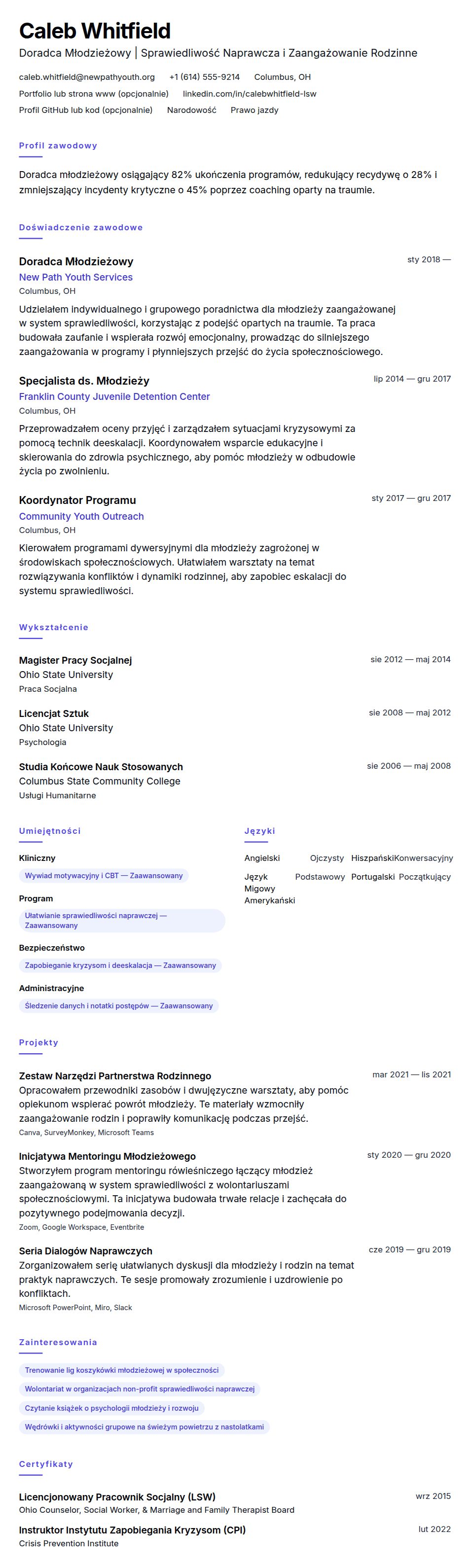 Podgląd CV Przykładowe CV Doradcy Młodzieżowego