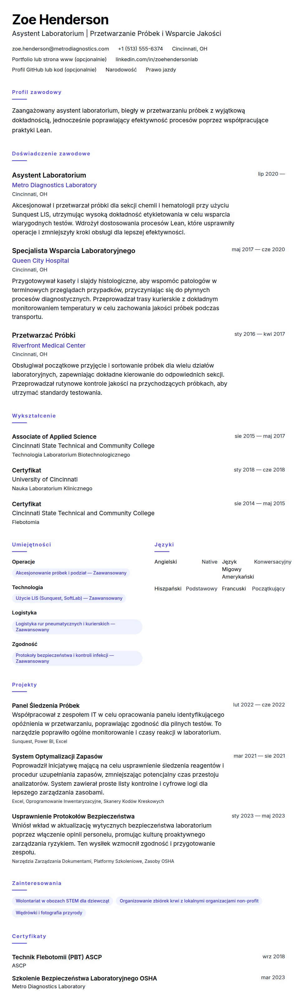 Podgląd CV Przykładowe CV Asystenta Laboratorium