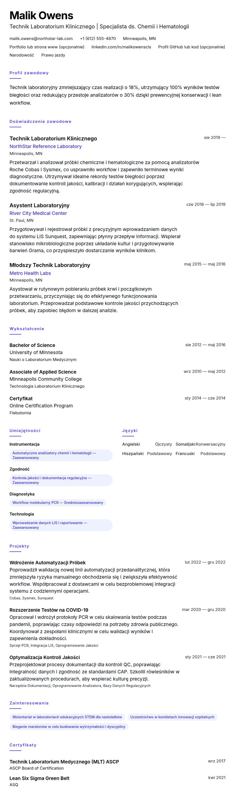 Podgląd CV Przykładowe CV Technika Laboratoryjnego