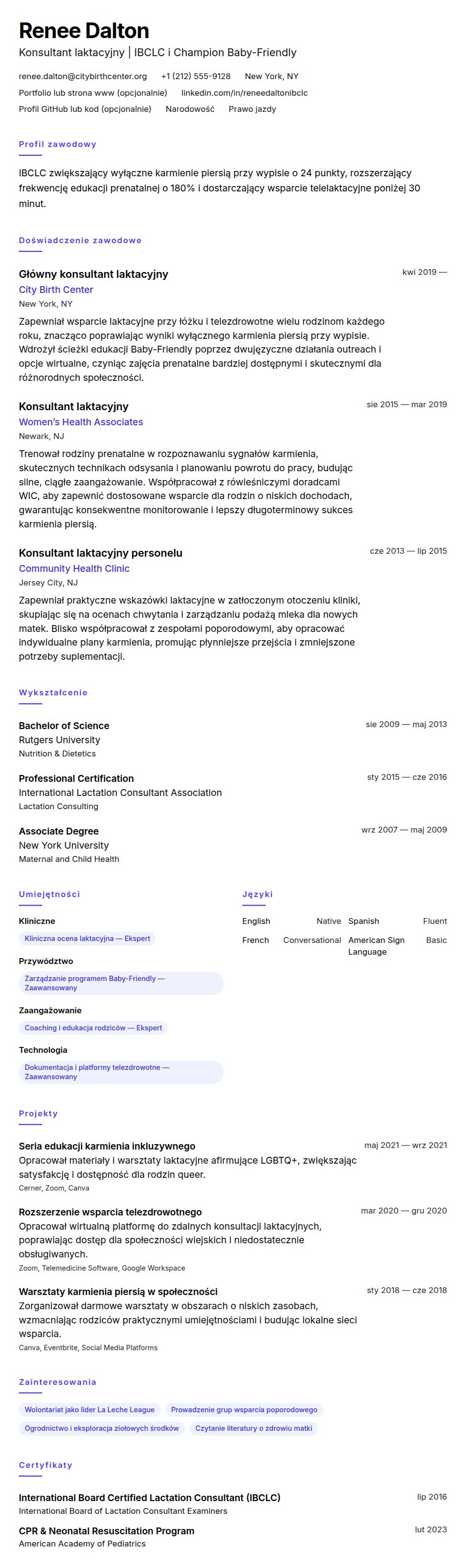 Podgląd CV Przykładowe CV konsultanta laktacyjnego