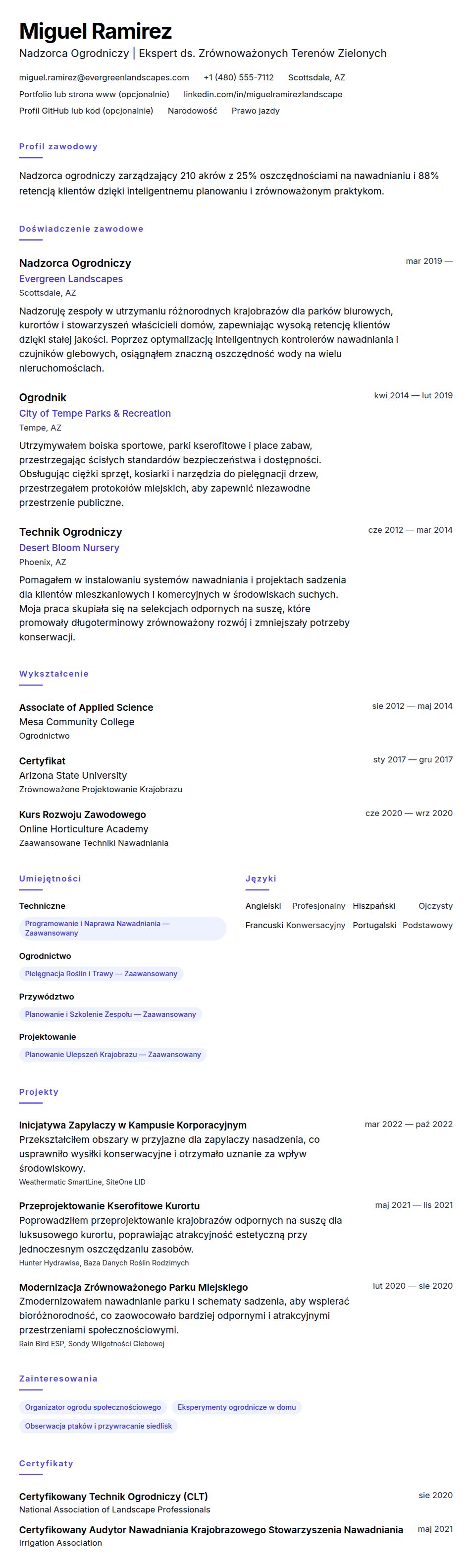 Podgląd CV Przykładowe CV Ogrodnika