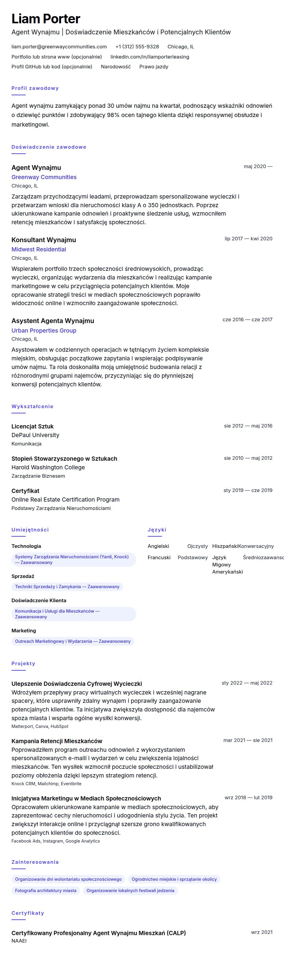 Podgląd CV Przykład CV Agenta Wynajmu