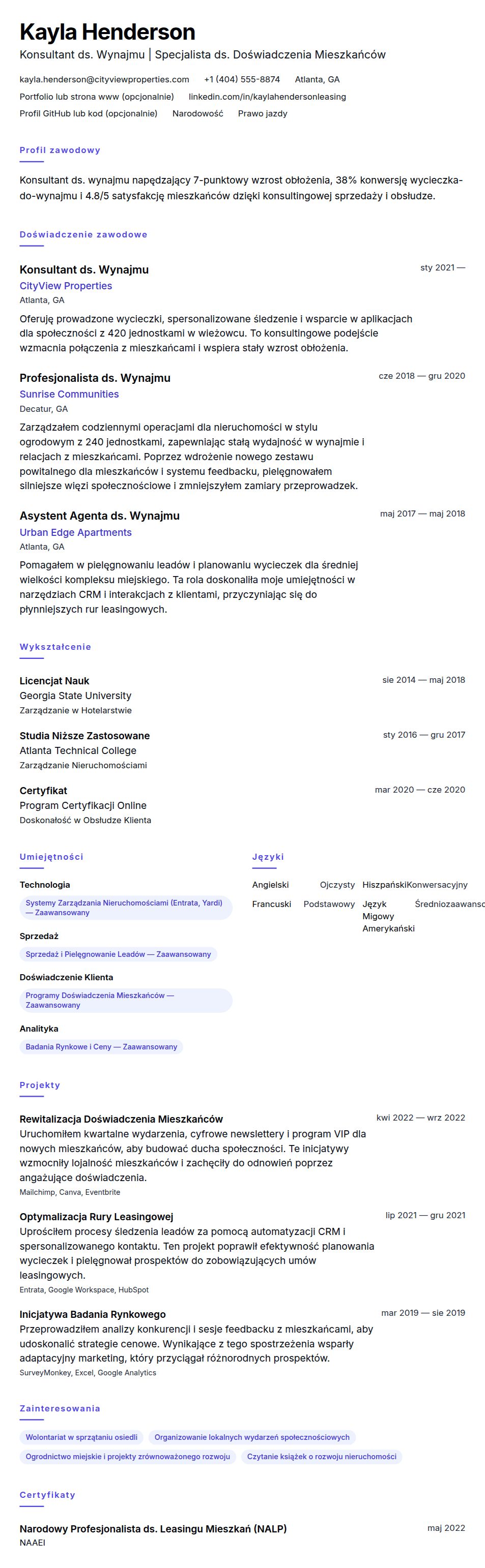 Podgląd CV Przykład CV Konsultanta ds. Wynajmu