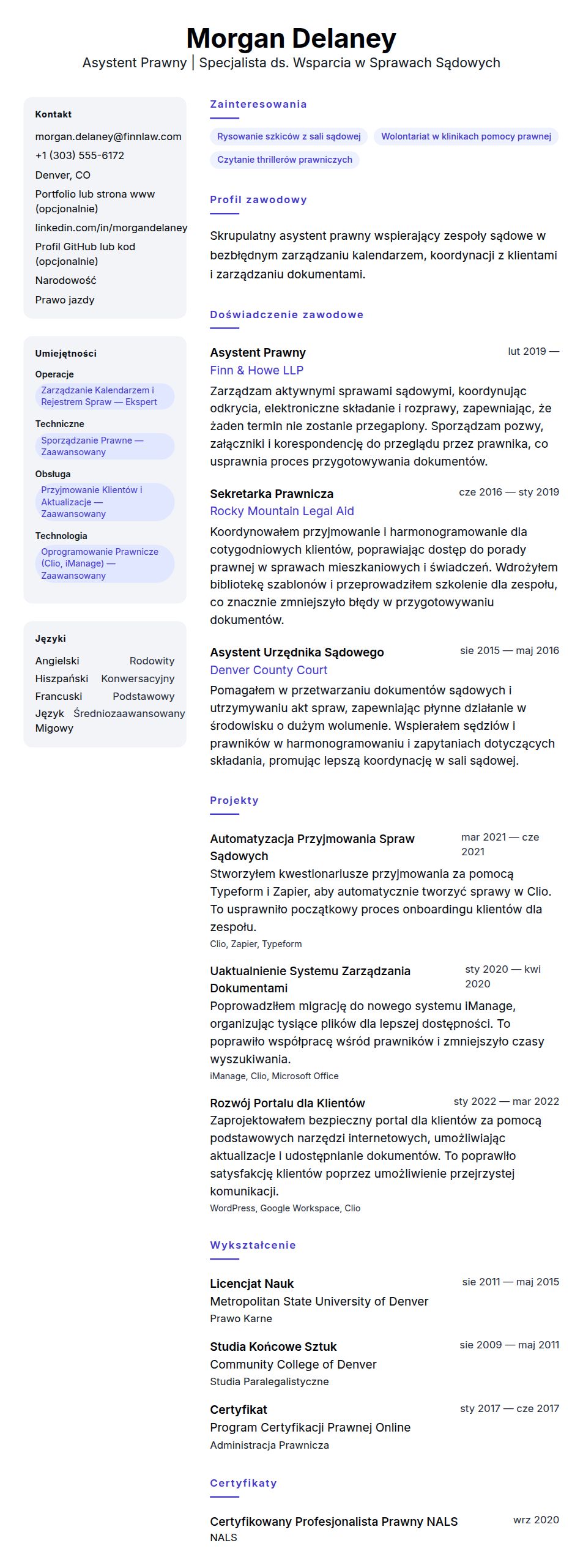 Podgląd CV Przykład CV Asystenta Prawnego