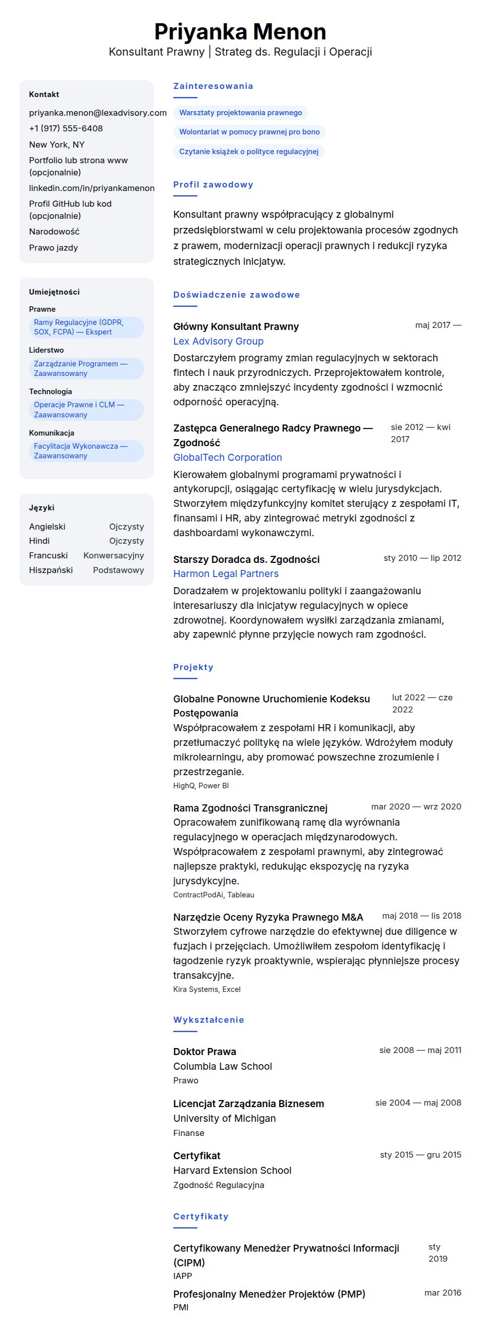 Podgląd CV Przykładowe CV Konsultanta Prawnego