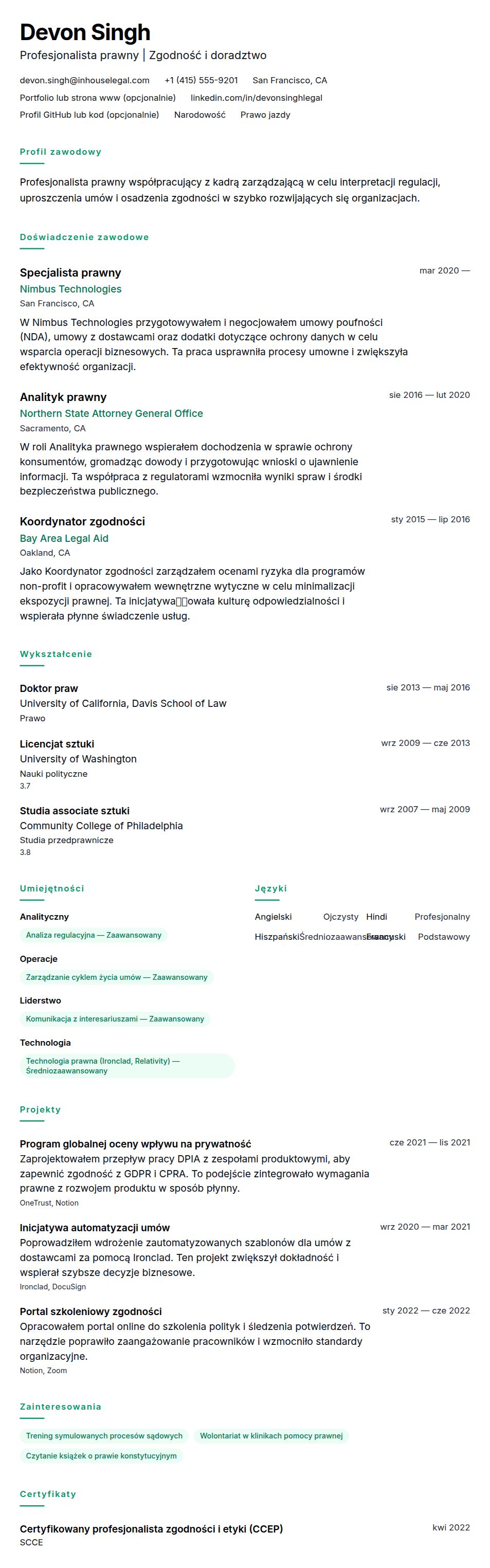 Podgląd CV Przykład CV profesjonalisty prawnego