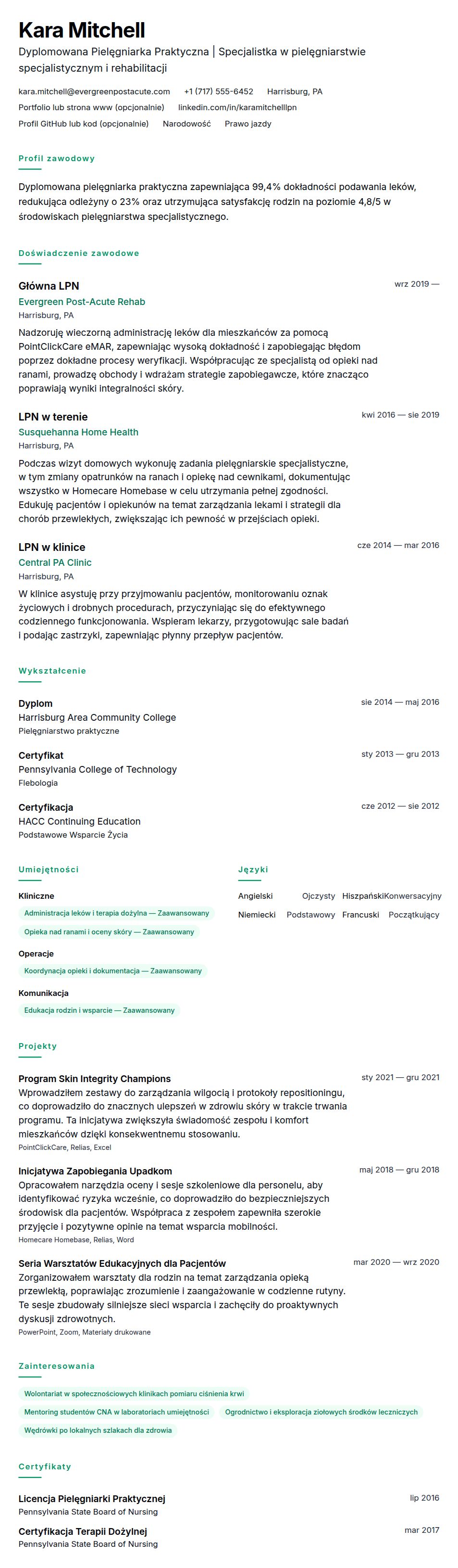 Podgląd CV Przykładowe CV Dyplomowanej Pielęgniarki Praktycznej (LPN)