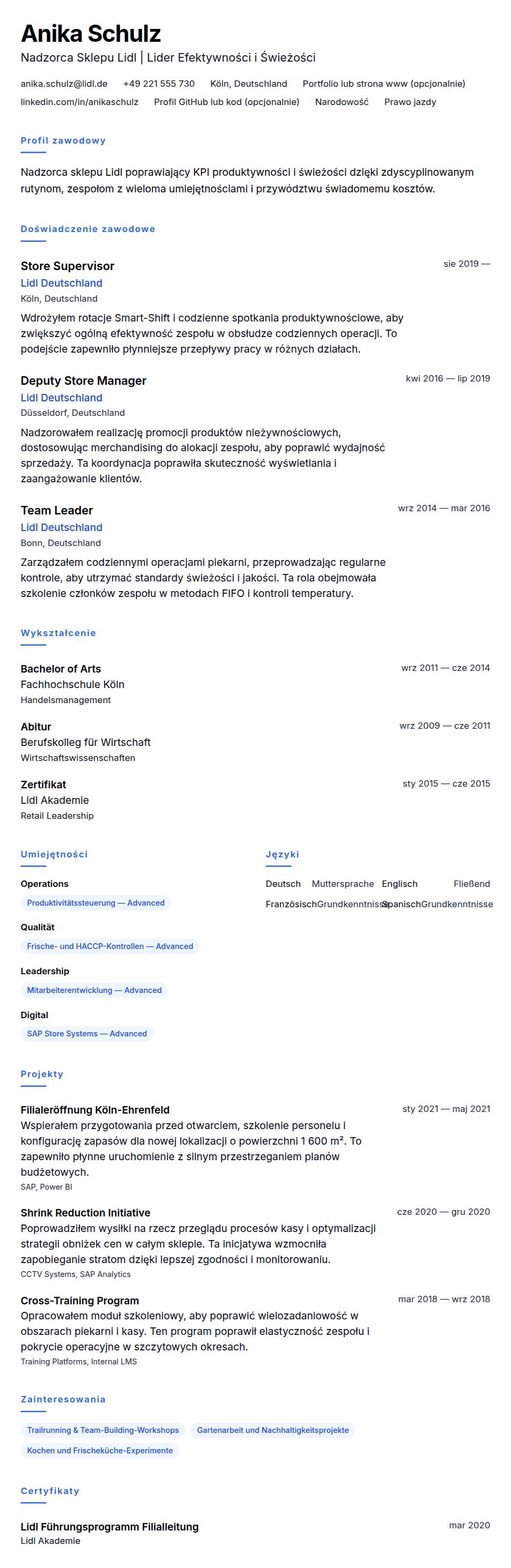 Podgląd CV Przykładowe CV Nadzorcy Sklepu Lidl