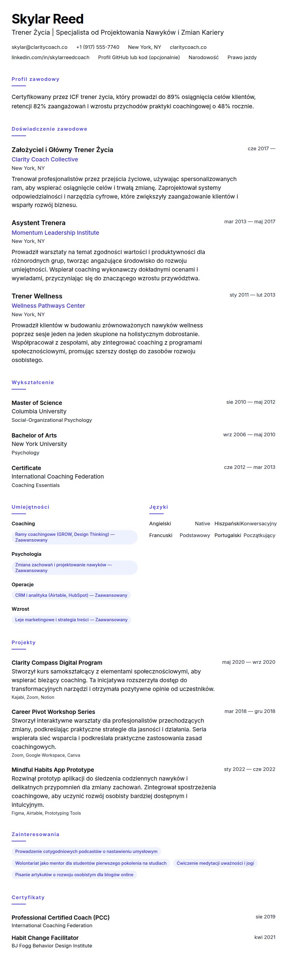 Podgląd CV Przykładowe CV Trenera Życia
