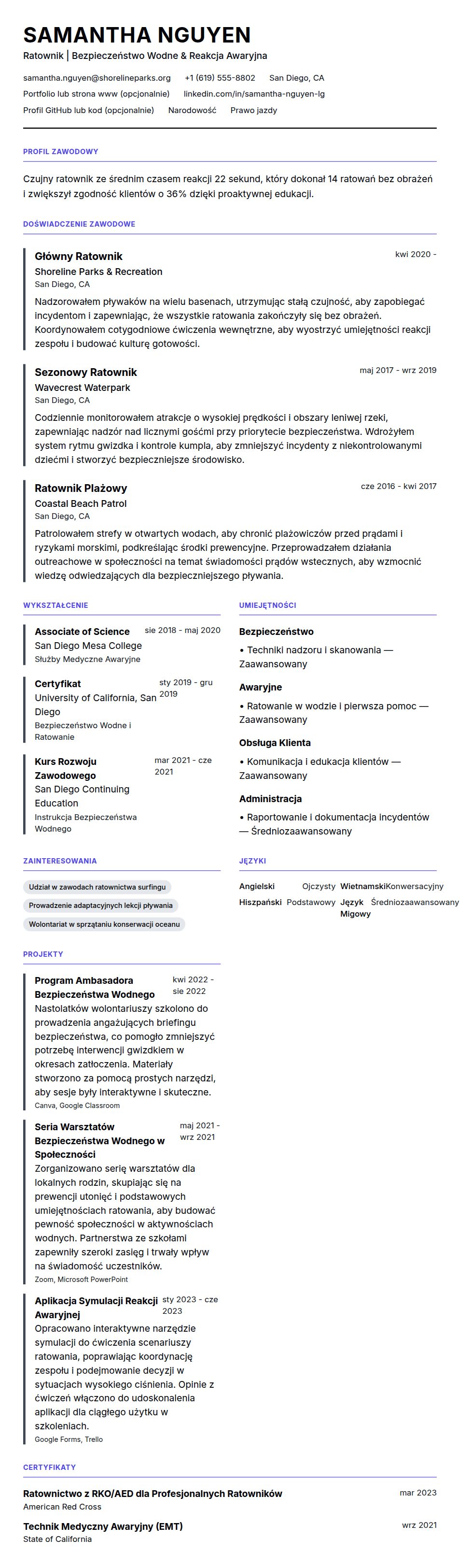 Podgląd CV Przykład CV ratownika