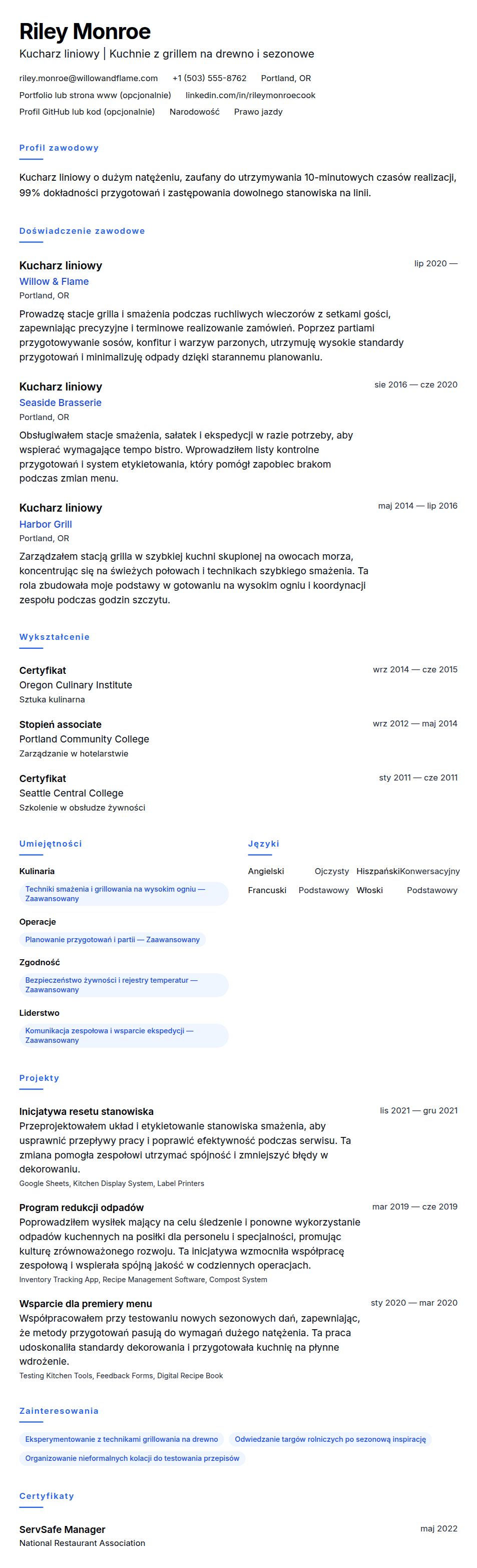 Podgląd CV Przykładowe CV kucharza liniowego