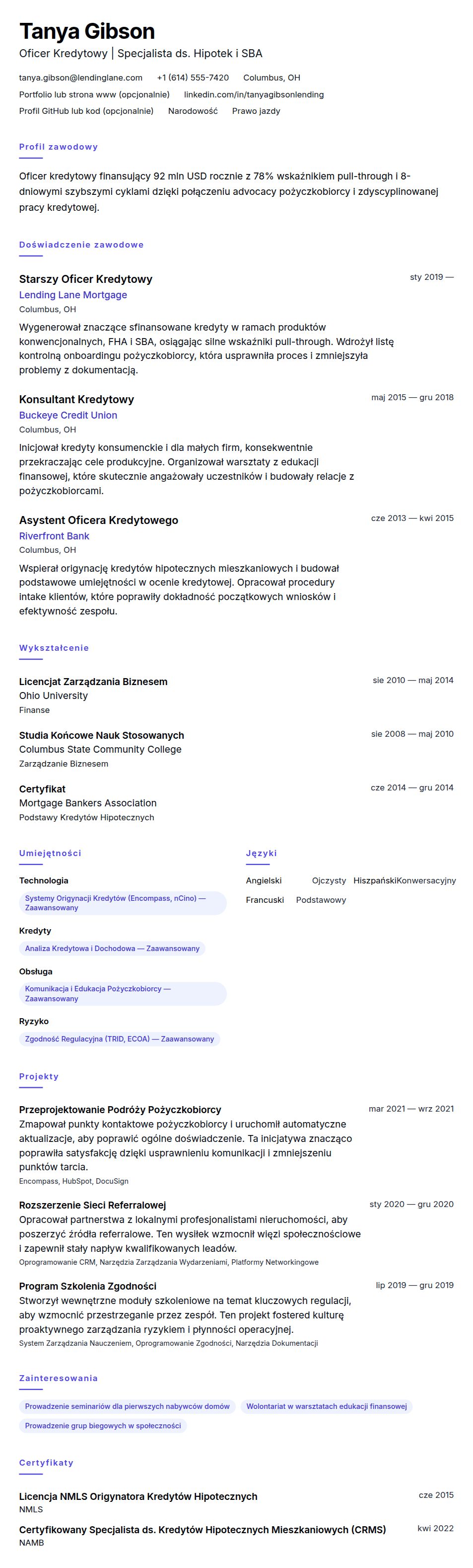 Podgląd CV Przykładowe CV Oficera Kredytowego