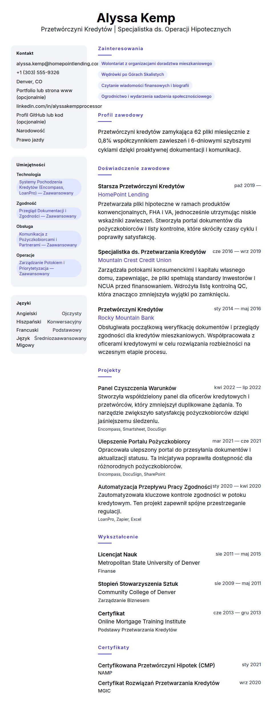 Przykładowe CV Przetwórcy Kredytów