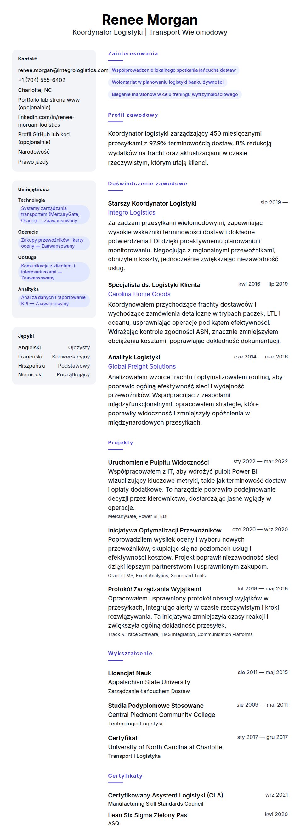 Podgląd CV Przykładowe CV Koordynatora Logistyki