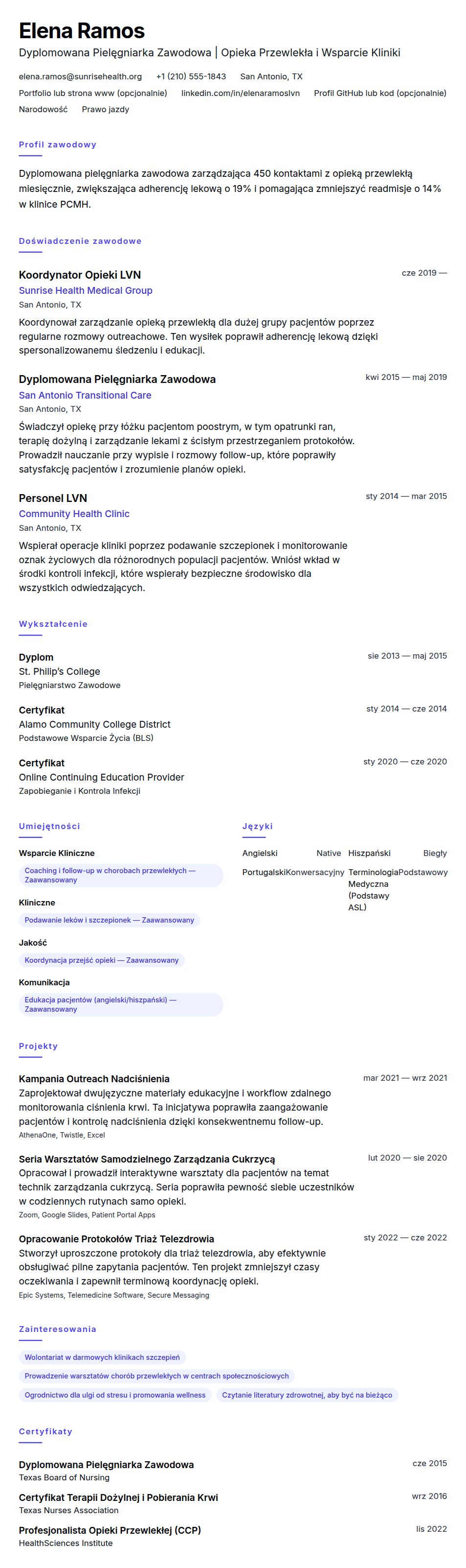 Podgląd CV Przykładowy życiorys Dyplomowanej Pielęgniarki Zawodowej (LVN)