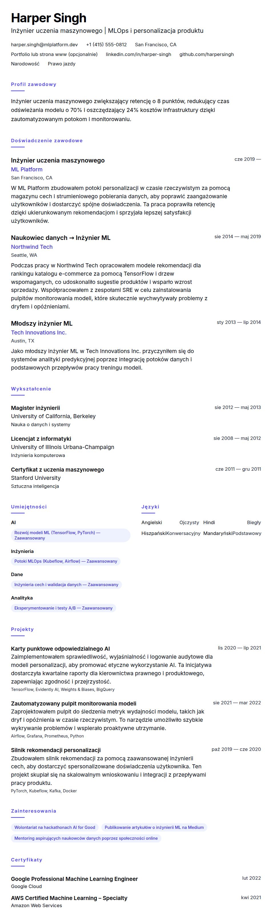 Podgląd CV Przykładowe CV inżyniera uczenia maszynowego