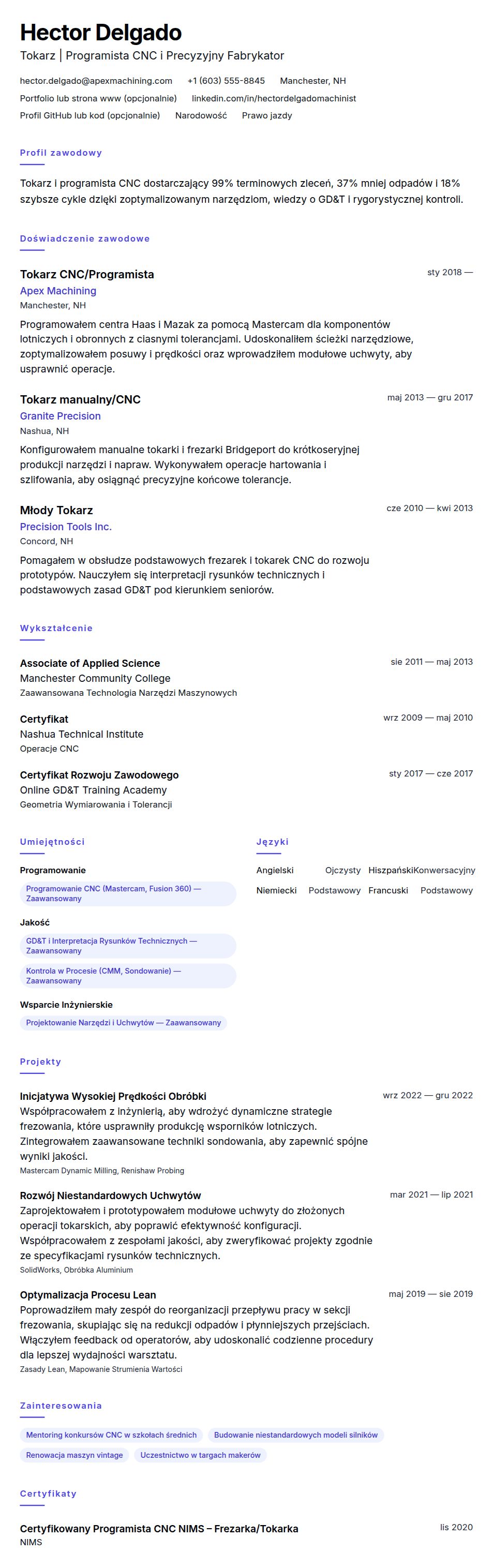 Przykładowe CV Tokarza