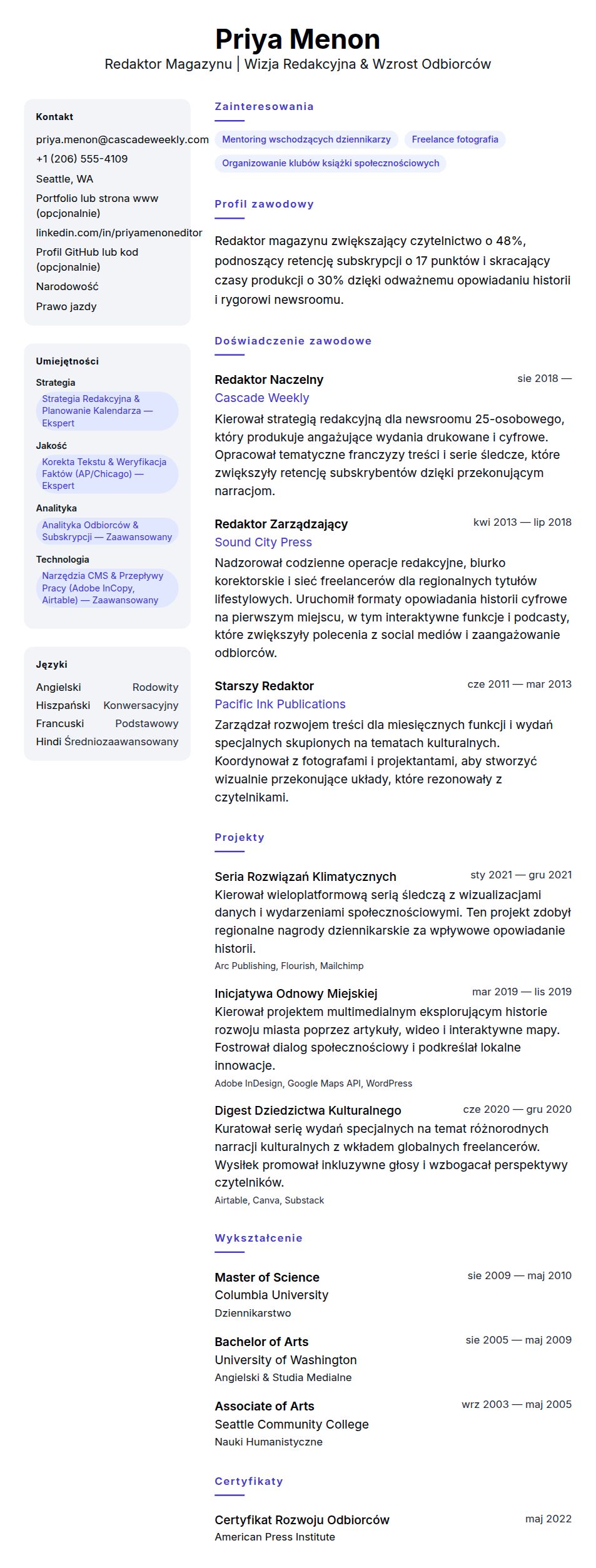 Podgląd CV Przykład CV Redaktora Magazynu