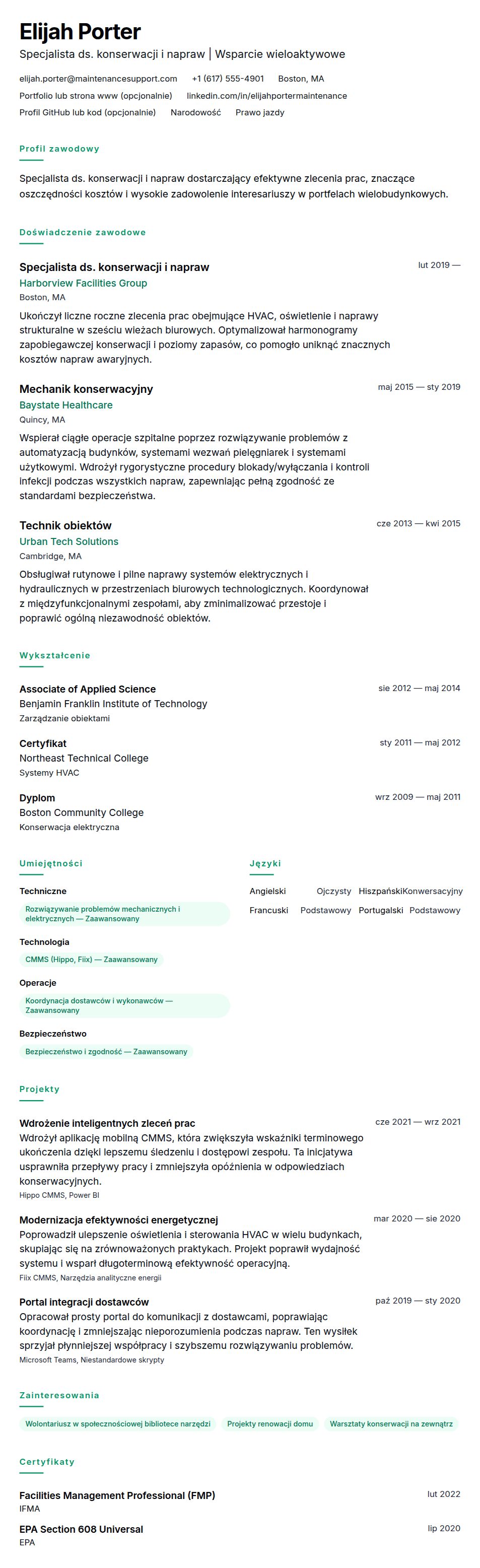 Podgląd CV Przykładowe CV dla konserwacji i napraw