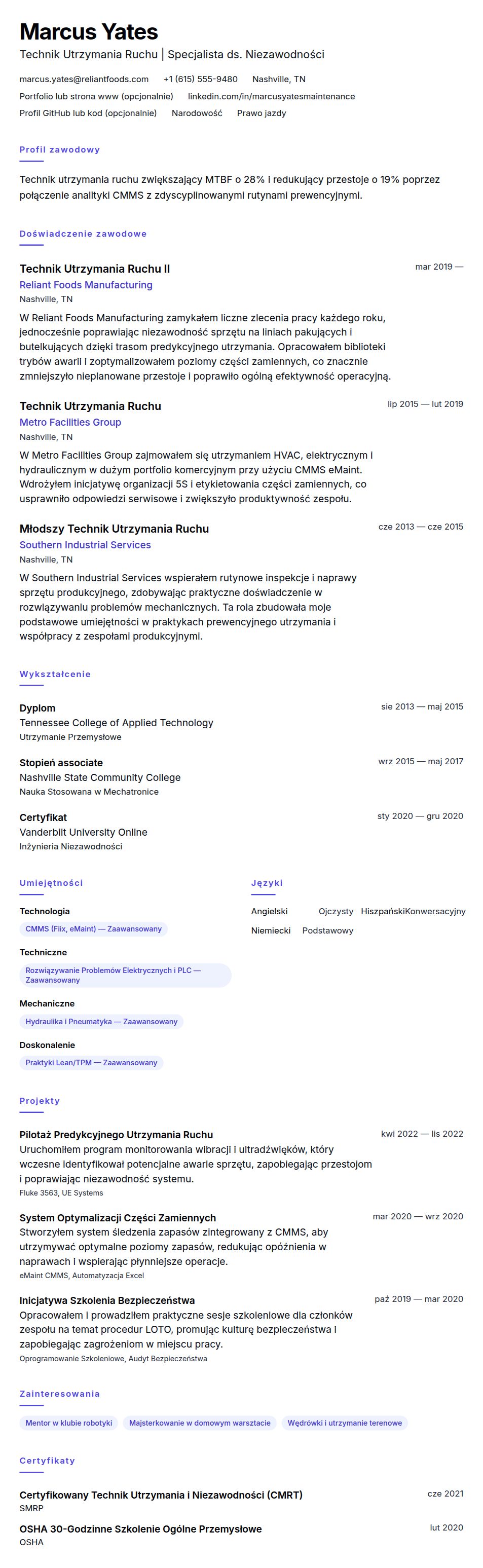 Podgląd CV Przykładowe CV Technika Utrzymania Ruchu