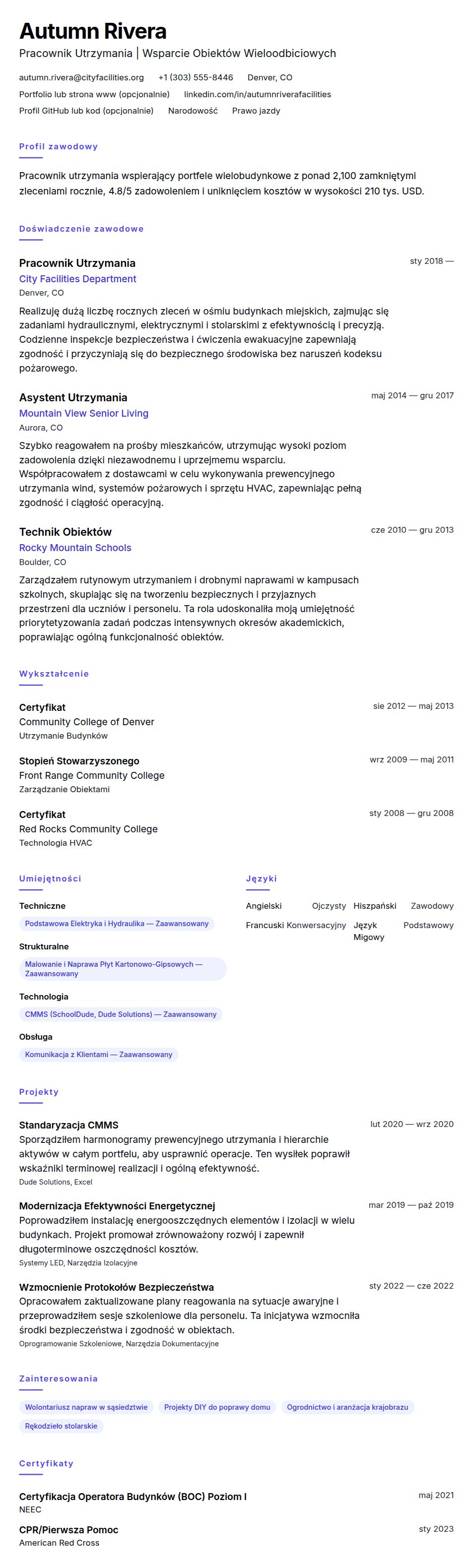 Podgląd CV Przykładowe CV Pracownika Utrzymania
