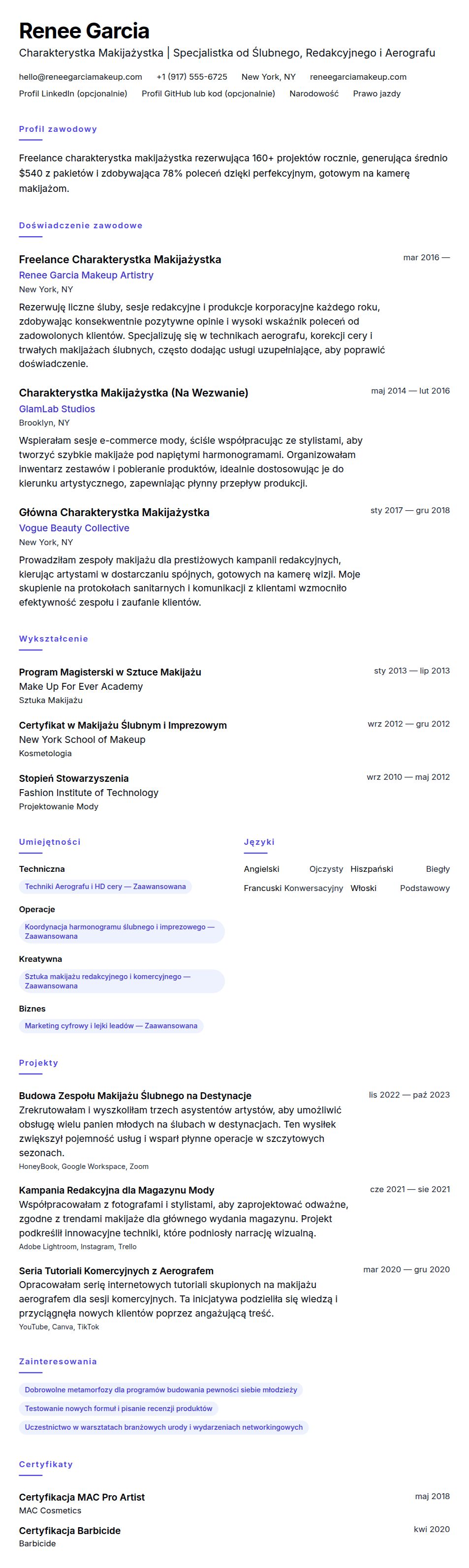 Podgląd CV Przykładowe CV Charakterystki Makijażystki