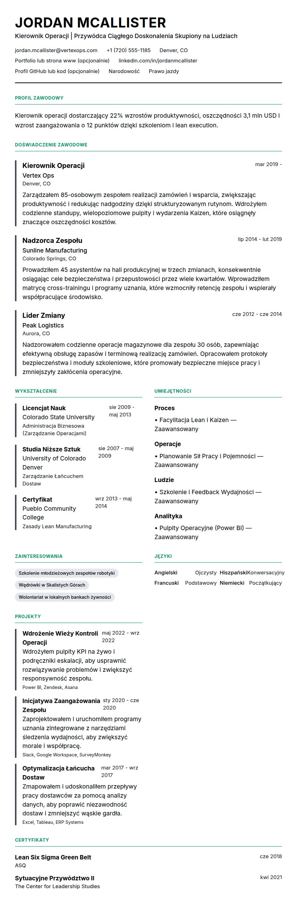 Podgląd CV Przykładowe CV Kierownika Operacji