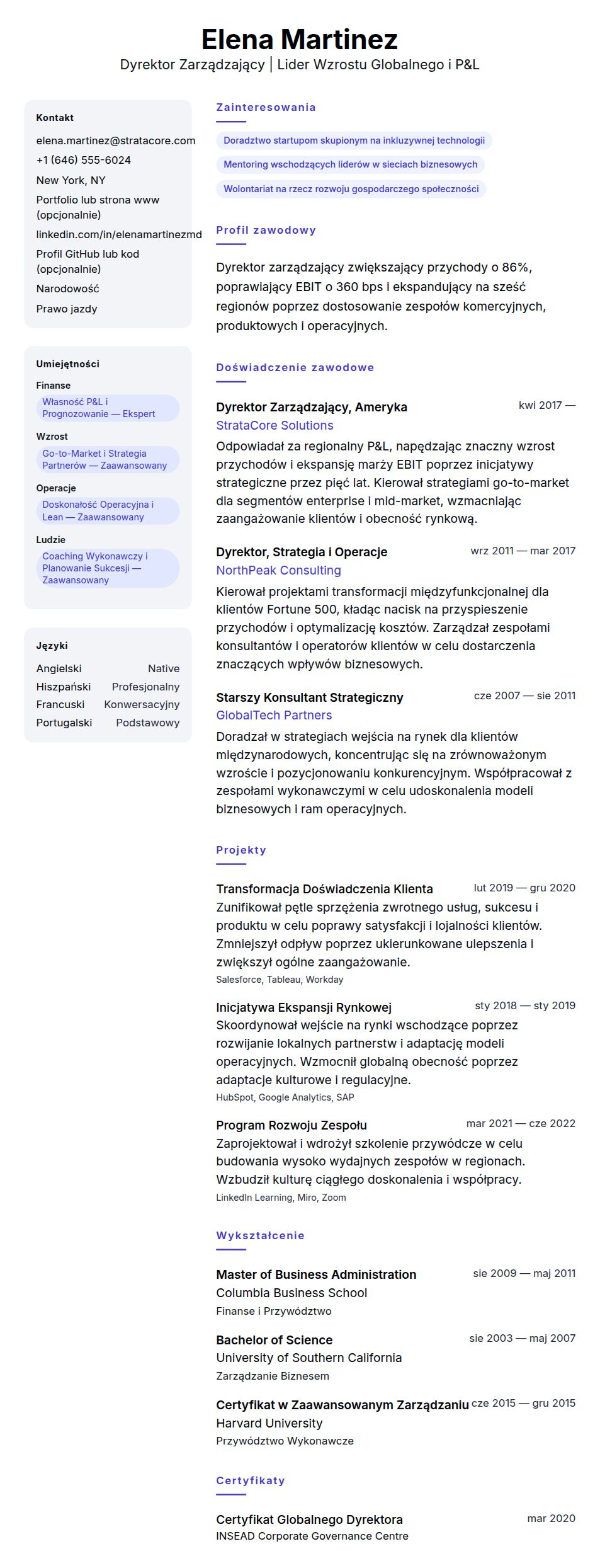 Podgląd CV Przykładowe CV Dyrektora Zarządzającego