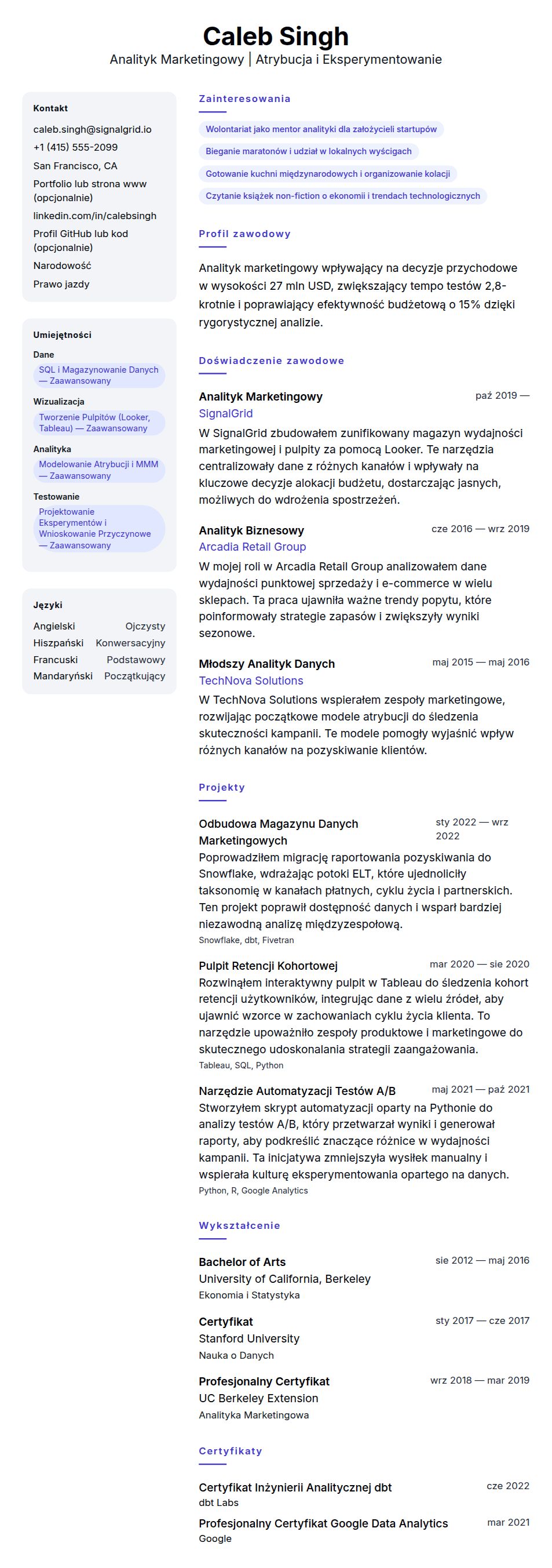 Podgląd CV Przykładowe CV Analityka Marketingowego