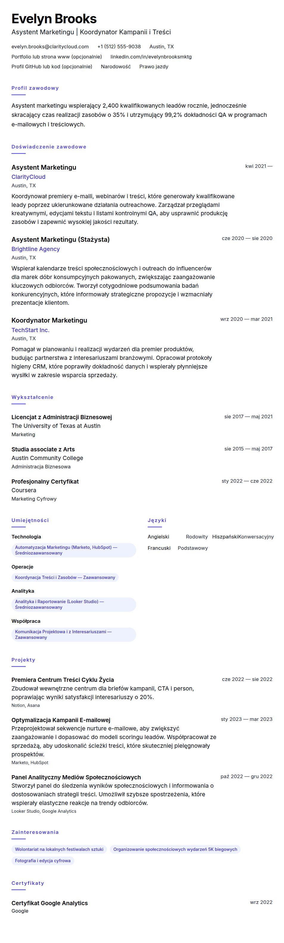 Podgląd CV Przykładowe CV Asystenta Marketingu