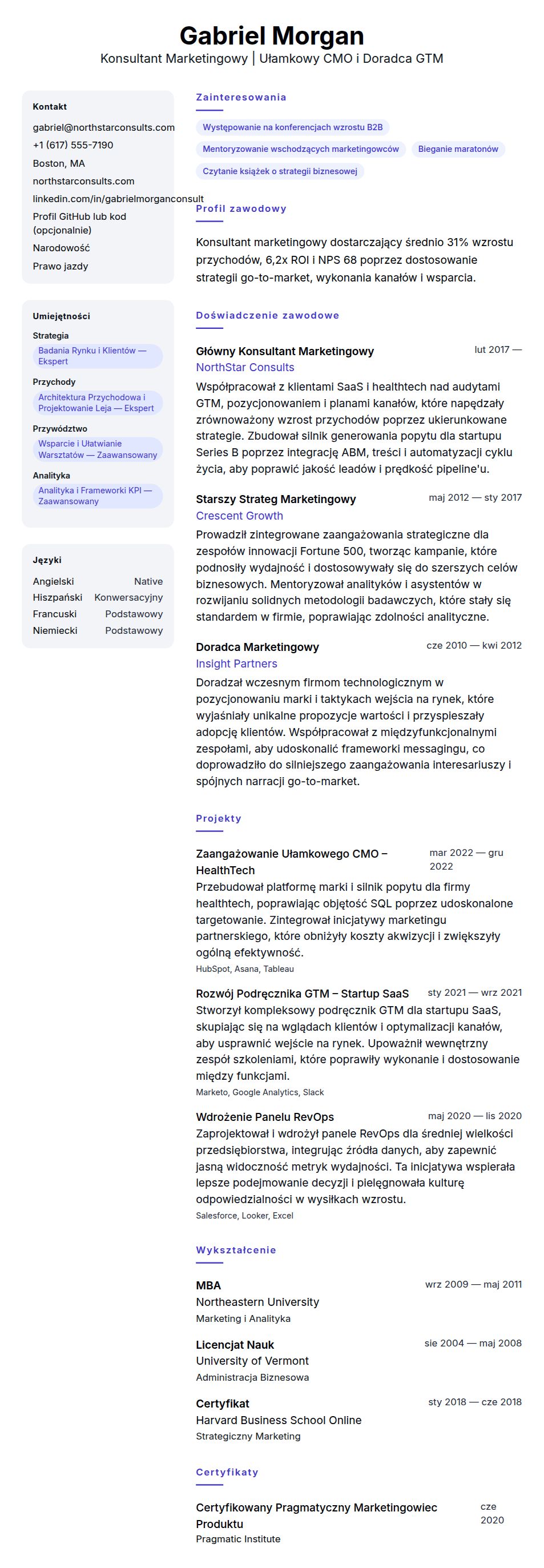 Podgląd CV Przykładowe CV Konsultanta Marketingowego