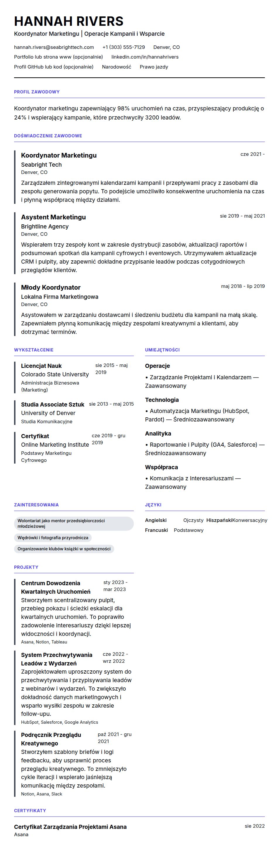 Podgląd CV Przykładowe CV Koordynatora Marketingu