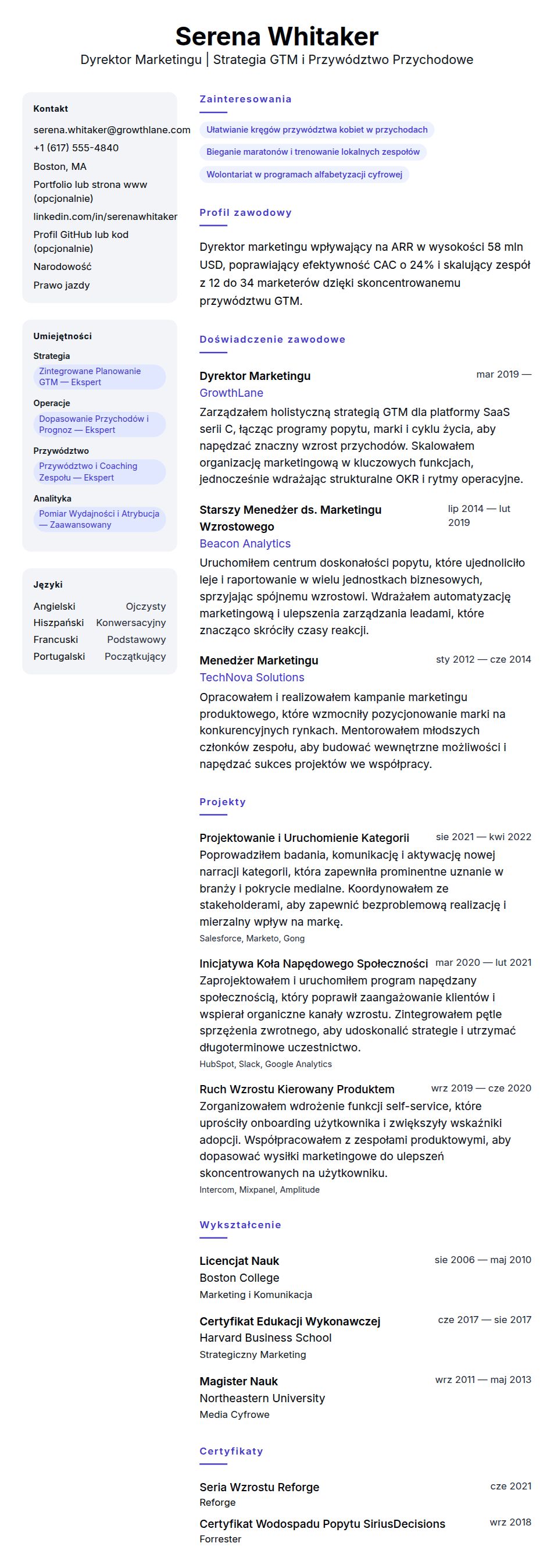 Podgląd CV Przykład CV Dyrektora Marketingu
