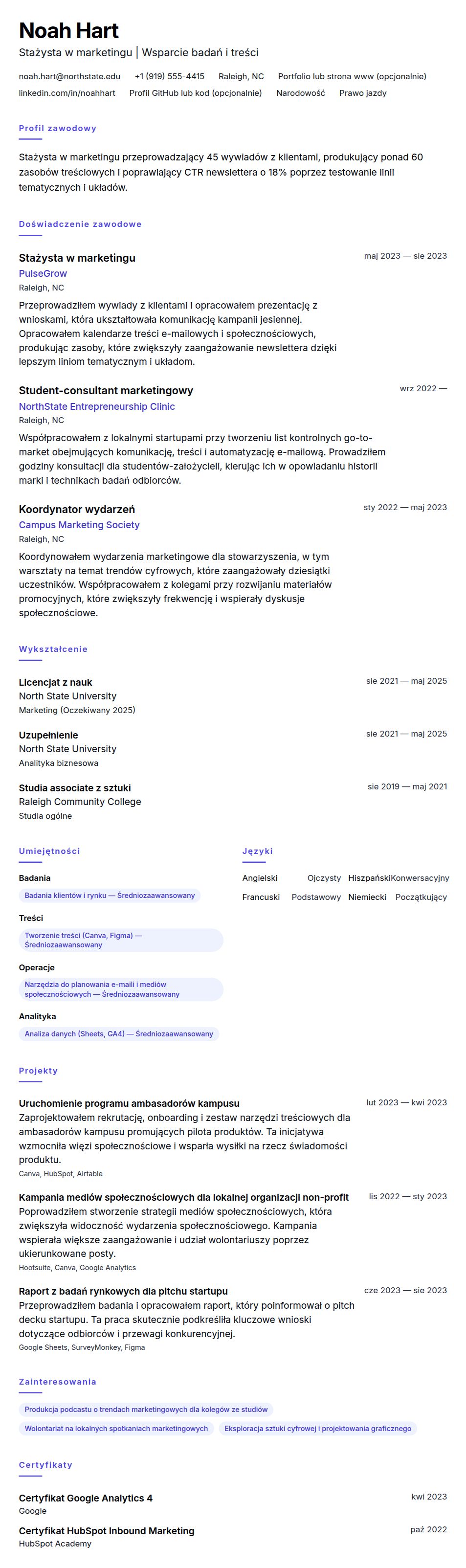 Podgląd CV Przykładowe CV stażysty w marketingu