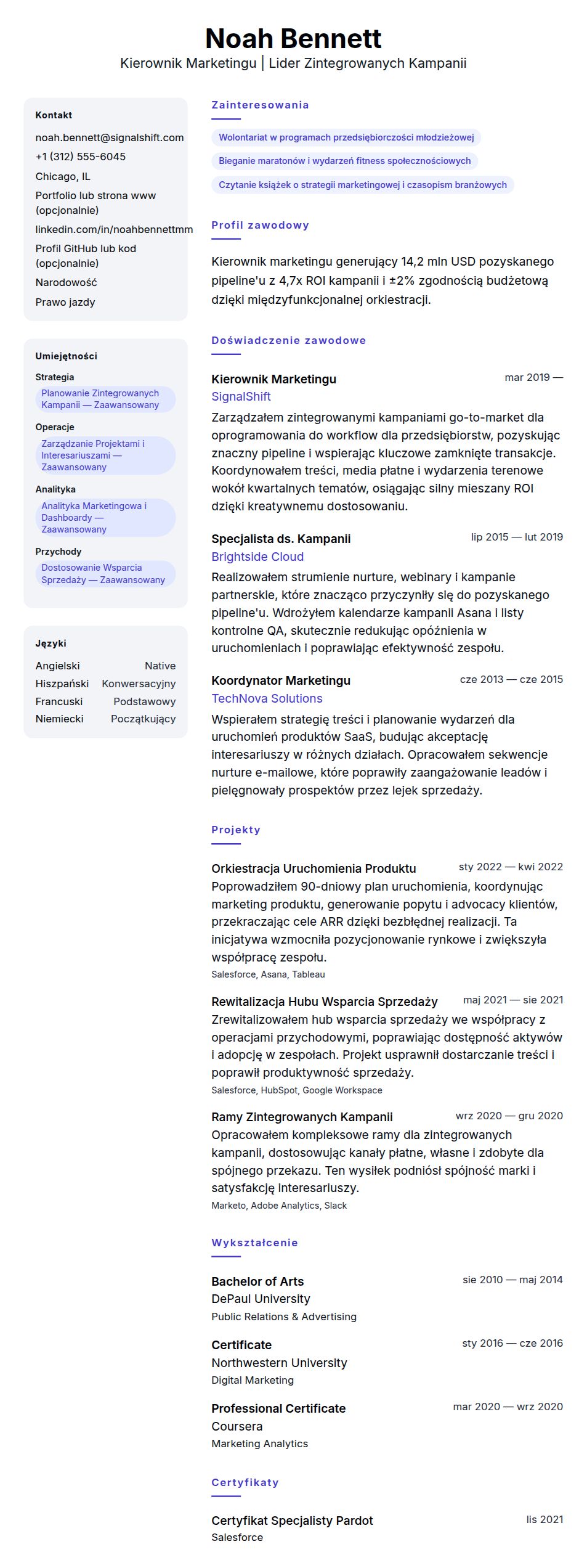 Przykładowe CV Kierownika Marketingu
