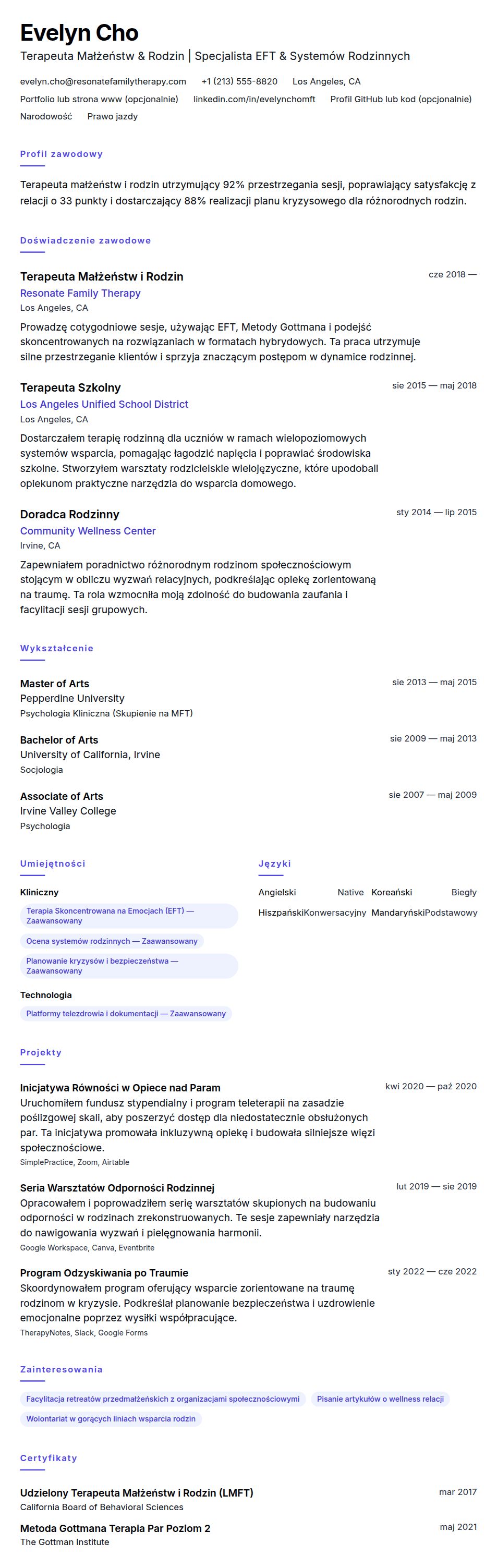 Podgląd CV Przykładowe CV Terapeuty Małżeństw i Rodzin