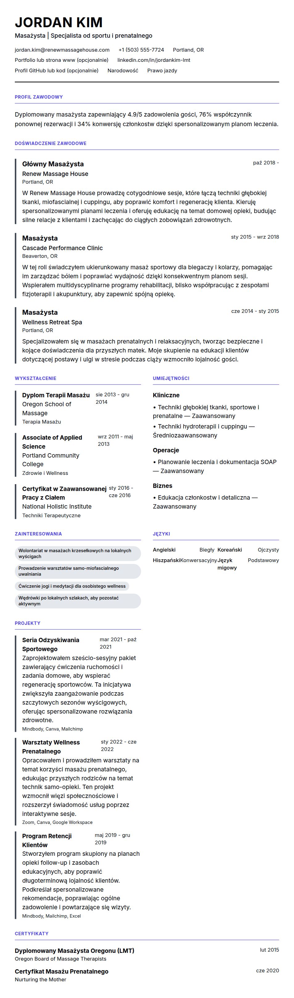 Przykładowe CV Masażysty