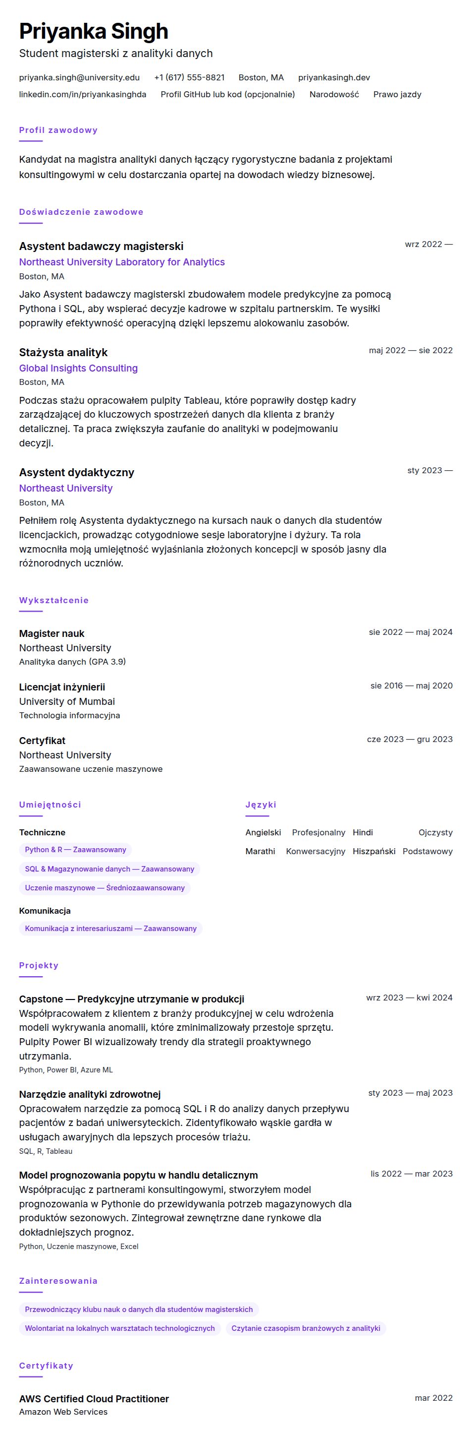 Przykładowe CV studenta magisterskiego