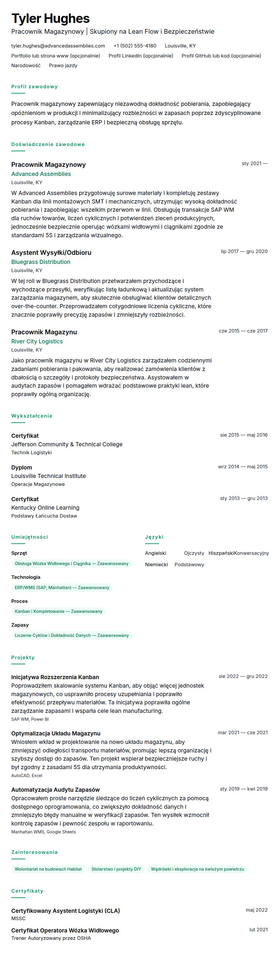 Podgląd CV Przykładowe CV Pracownika Magazynowego