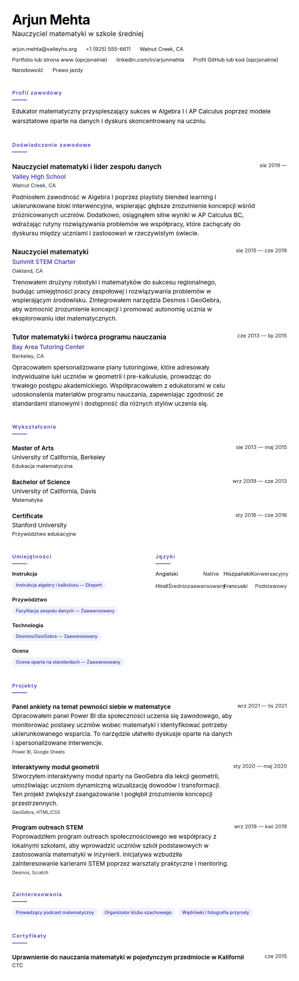 Podgląd CV Przykład CV nauczyciela matematyki