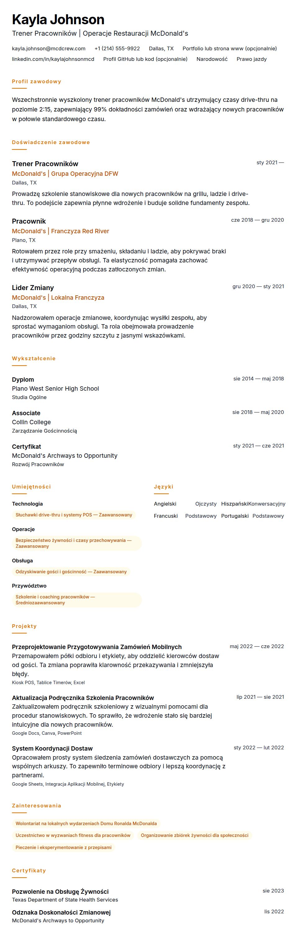 Podgląd CV Przykładowe CV Pracownika McDonald's