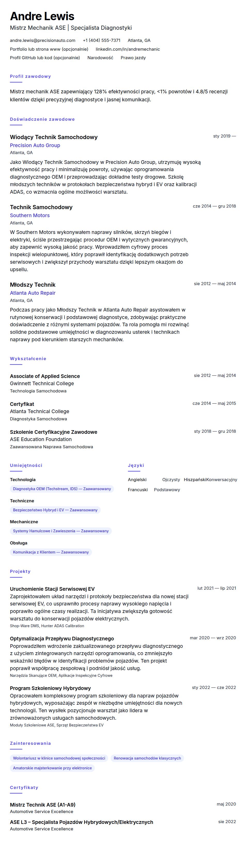 Podgląd CV Przykładowe CV mechanika